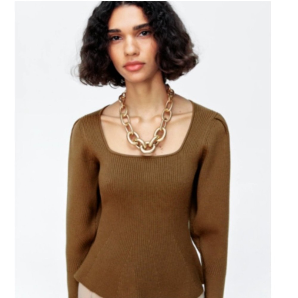 Zara brown square neck knit sweater top size medium fitted bohemian puff sleeve - Picture 14 of 14